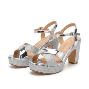 1 Pair Hingswink Silver Sparkly Platform Sandals Chunky Block Heel Size 8.5